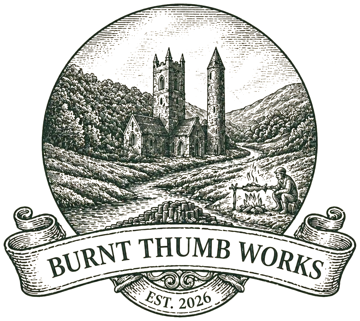 The Burnt Thumb Works crest: a round tower and church beside a stream, with a figure cooking over a fire.
